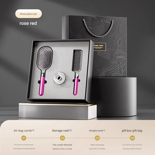 Hair care brush and comb set with rose-red handles in gift box