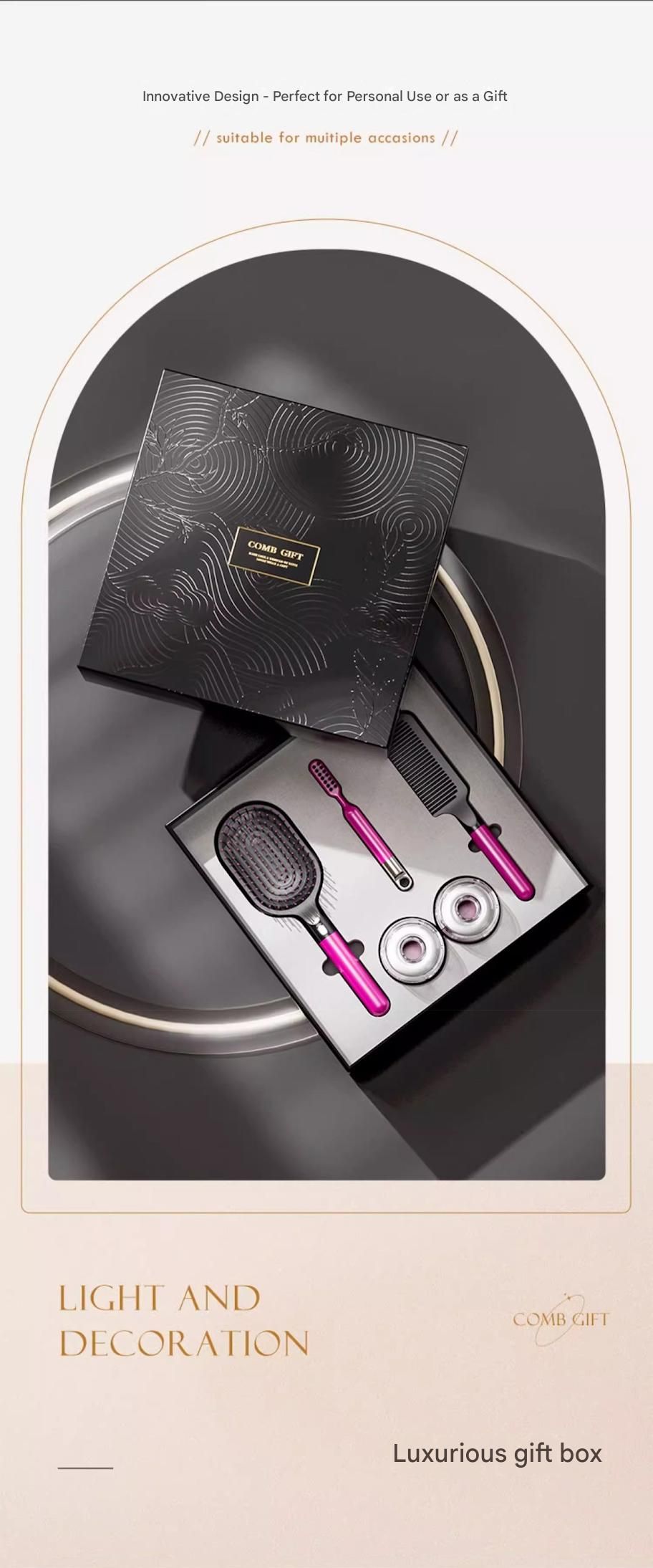 Rose Red 3-Piece Gift Box Set Premium ABS Hair Care Gift Set with Cushion Paddle Brush, Detangling Comb, Cleaning Brush & Stand - Elegant Mother’s Day or Couple’s Gift for Daily Styling and Scalp Comfort