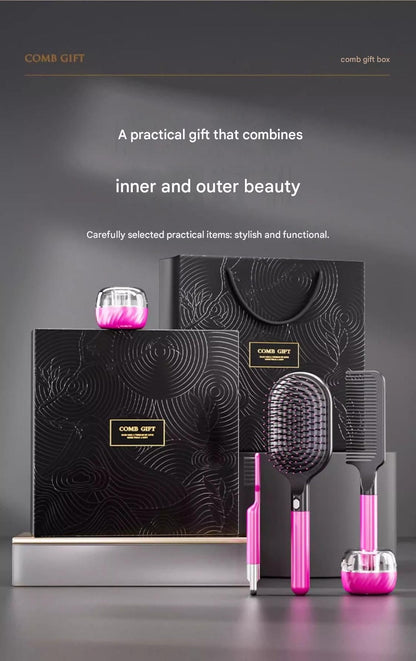 Rose Red 3-Piece Gift Box Set Premium ABS Hair Care Gift Set with Cushion Paddle Brush, Detangling Comb, Cleaning Brush & Stand - Elegant Mother’s Day or Couple’s Gift for Daily Styling and Scalp Comfort