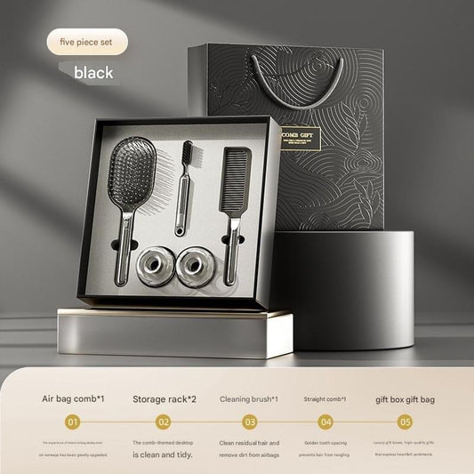 Black 5-piece hair care brush and comb gift set with storage rack