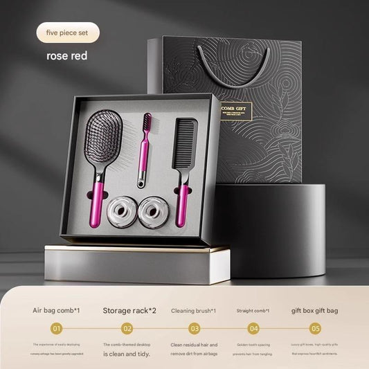 Rose red hair tool gift box set with cushion brush, comb, cleaning brush, and storage rack