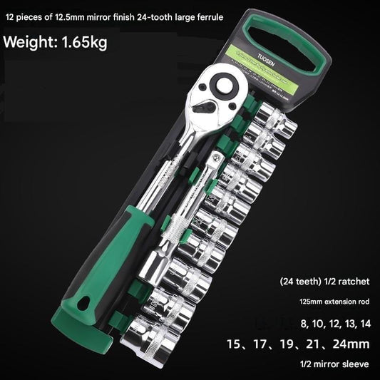 1/2-inch ratchet and socket set with green handles, chrome sockets, 24-tooth ratchet