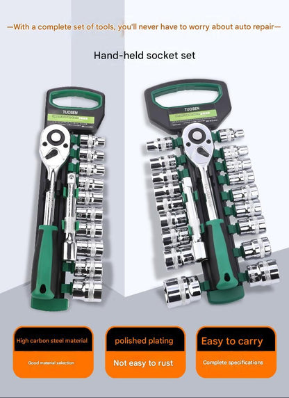 Green 12-Piece 1/2-Inch Drive 24-Tooth Ratchet & Socket Set — High-Carbon Steel, Mirror-Polished Socket Wrench Tool Kit — Automotive Repair Tool Set with Quick-Release Ratchet — Ideal for Car Maintenance, Mechanical Repairs, and DIY Projects