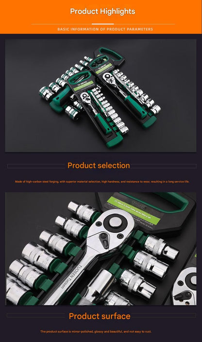 Green 12-Piece 3/8-Inch Drive 24-Tooth Ratchet & Socket Set — High-Carbon Steel, Mirror-Polished Socket Wrench Tool Kit — Automotive Repair Tool Set with Quick-Release Ratchet — Ideal for Car Maintenance, Mechanical Repairs, and DIY Projects
