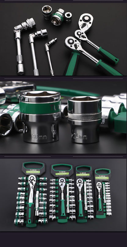 Green 12-Piece 3/8-Inch Drive 24-Tooth Ratchet & Socket Set — High-Carbon Steel, Mirror-Polished Socket Wrench Tool Kit — Automotive Repair Tool Set with Quick-Release Ratchet — Ideal for Car Maintenance, Mechanical Repairs, and DIY Projects