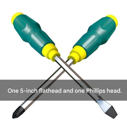 Green and yellow magnetic screwdriver set: Phillips and flathead, crossed 5-inch bits