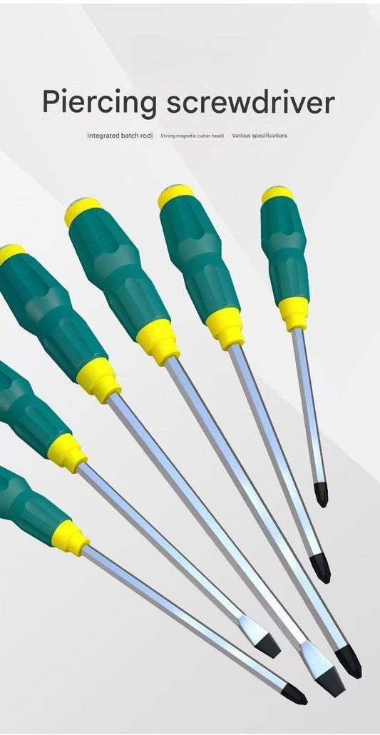 Green and yellow magnetic screwdriver set, five 5-inch Phillips and flatheads