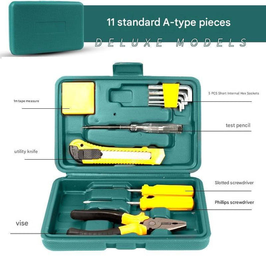 Green multi-purpose tool kit case with assorted yellow-handled repair tools inside