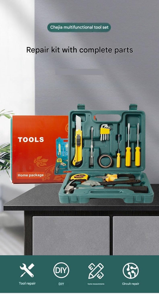 Green tool box set open with multiple tools and accessories displayed