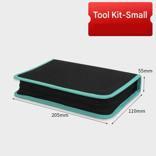 Black canvas tool bag with teal trim and zippered top flap, compact size