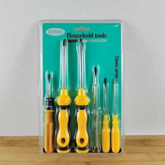 Household screwdriver set in teal blister pack with six yellow-and-black drivers