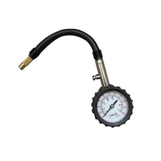 Tire pressure gauge with black flexible hose and round analog dial with protective housing