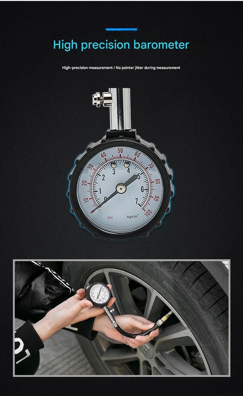 Black High Precision Mechanical Tyre Pressure Gauge - Durable Stainless Steel & Rubber Construction, Long Flexible Hose, Pressure Release & Zeroing Valve, 0-100 PSI Dial for Car, SUV, Motorcycle, Van