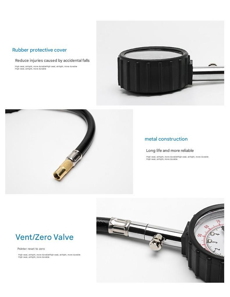 Black High Precision Mechanical Tyre Pressure Gauge - Durable Stainless Steel & Rubber Construction, Long Flexible Hose, Pressure Release & Zeroing Valve, 0-100 PSI Dial for Car, SUV, Motorcycle, Van