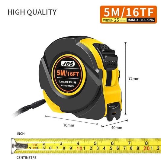 Yellow and black steel tape measure, 5 m/16 ft dual scale on retractable housing