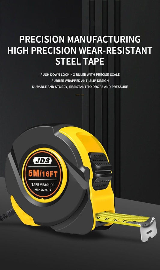 Yellow and black tape measure with textured grip and push-button lock housing