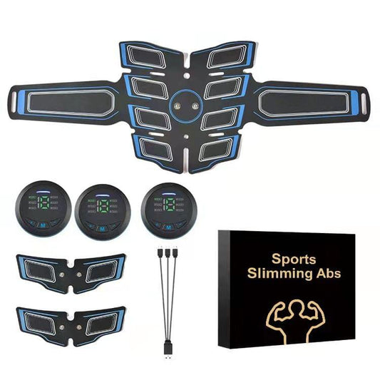Blue EMS muscle stimulator belt set with control unit, pads, and cable leads