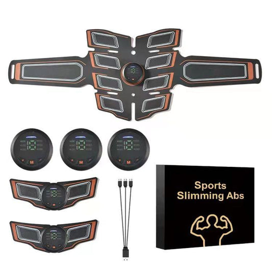 Orange EMS muscle stimulator belt set with control unit and round electrode pads