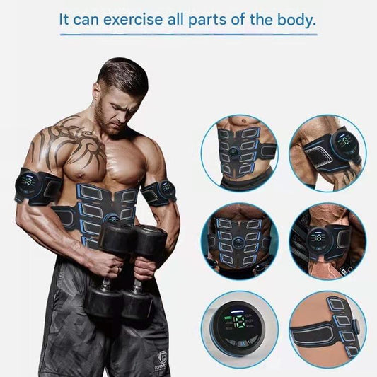 Black EMS muscle stimulator belt with orange pad layout worn on torso