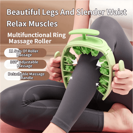 Green ring massage roller with detachable handles resting against a person's leg