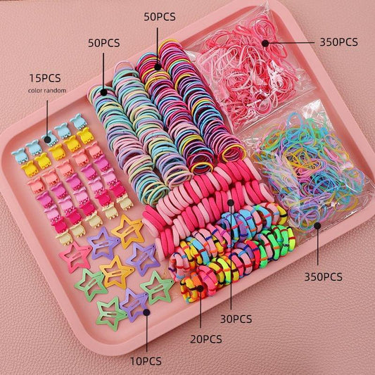 Colorful hair accessories set with elastic hair ties and charm clips
