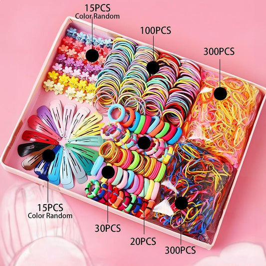 Mixed hair accessories set with rainbow elastic bands and flower hair ties