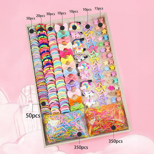 Hair elastic and charm set with colorful bands, bows, stars, flowers, and beads