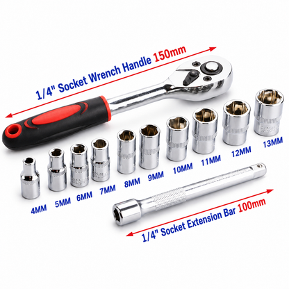 12PCS Portable 1/4 Inch Ratchet Socket Wrench Set - 10 Sizes Metric Socket Set, Quick Release Reversible Ratchet Wrench and Extension Bar for Car Repair Garage and Auto Maintenance