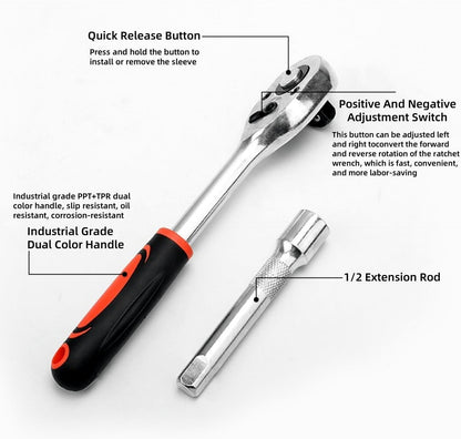 12PCS Portable 1/2 Inch Ratchet Socket Wrench Set - 10 Sizes Metric Socket Set, Quick Release Reversible Ratchet Wrench and Extension Bar for Car Repair Garage and Auto Maintenance