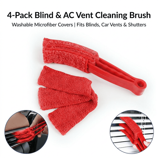 Red blind and AC vent cleaning brush set with washable microfiber covers