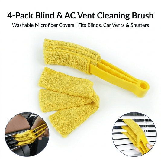 Set of yellow blind and AC vent cleaning brushes with washable microfiber covers
