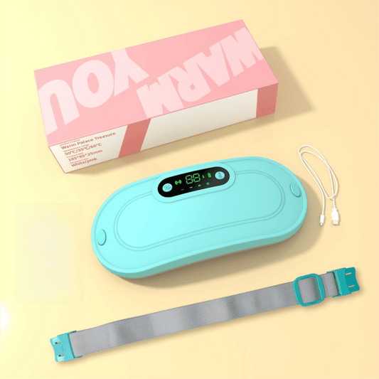 Teal portable heating waist belt massager with control display and gray fabric strap