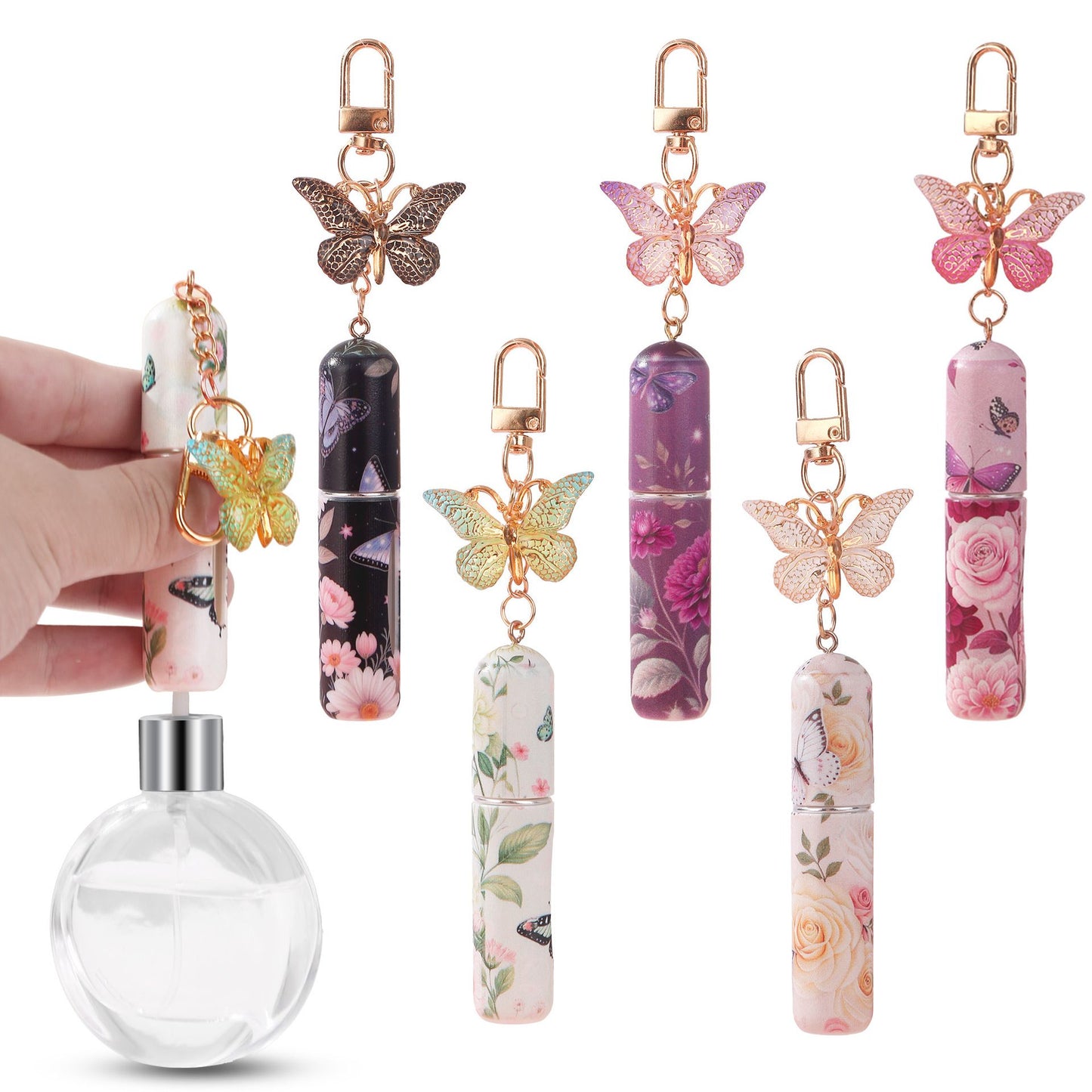 3 Pack Blue 5ml Portable Perfume Atomizer Keychain Butterfly Charm Floral Refillable Travel Spray Bottle Set - Same Design