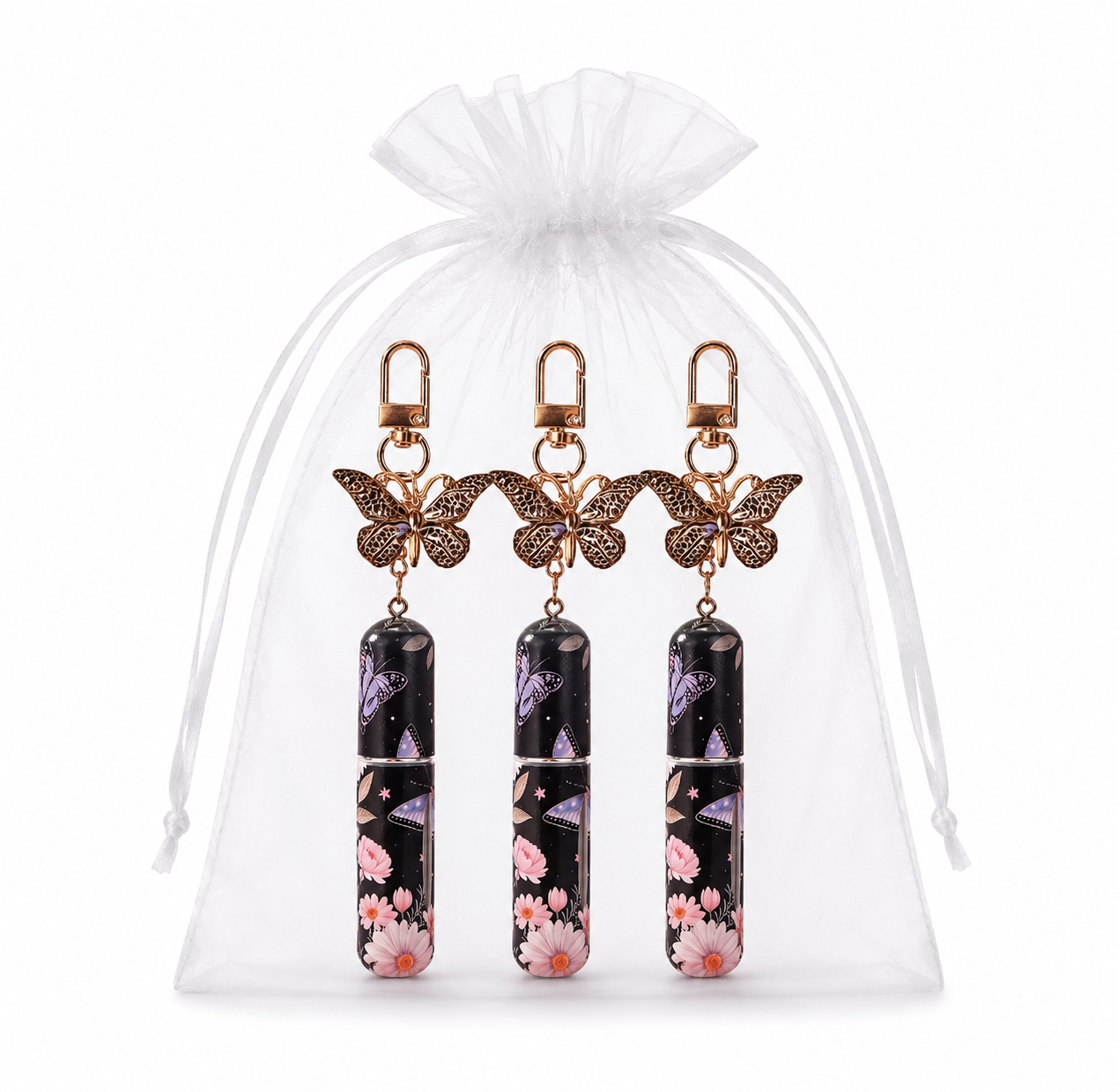 3 Pack Black 5ml Portable Perfume Atomizer Keychain Butterfly Charm Floral Refillable Travel Spray Bottle Set - Same Design