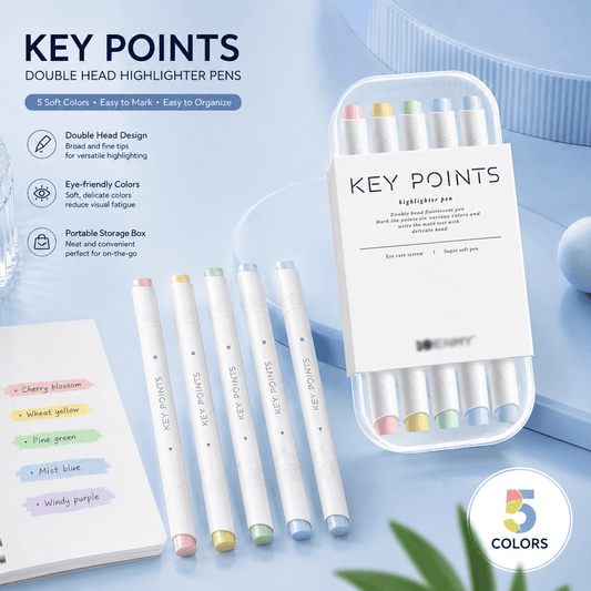Pastel dual-tip highlighter pen set with 5 mild liner markers in a storage tray
