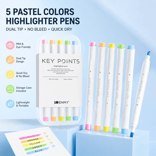 Pastel dual-tip highlighter pen set of 5 with storage case, showing capped marker colors
