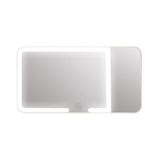 LED sun visor vanity mirror with fold-out panel, white frame, touch button