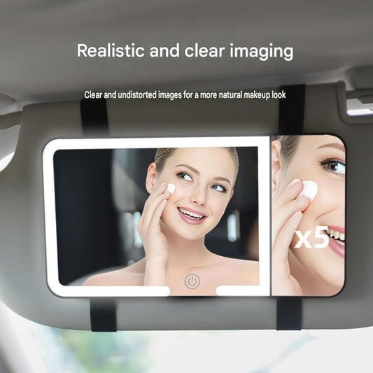 Two-panel LED sun visor vanity mirror with magnifying insert and touch-lit button
