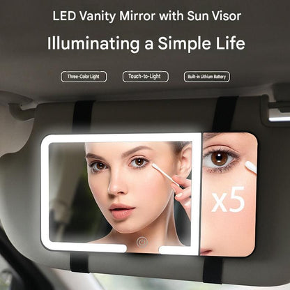 Black LED Car Sun Visor Makeup Mirror with 5x Magnification & Touch Lighting - Rechargeable Vanity Mirror for Travel & Daily Use