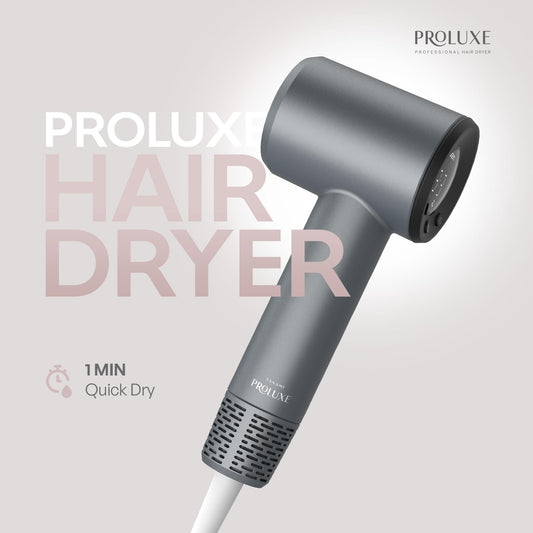 Dark gray professional hair dryer angled view with vented grill