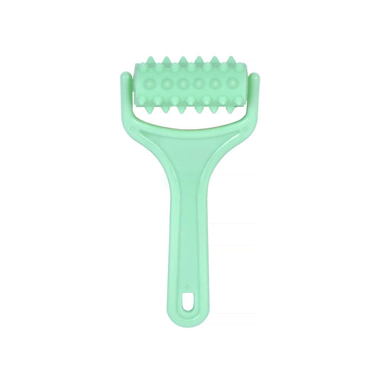 Mint-green handheld body massage roller with textured head and grip handle