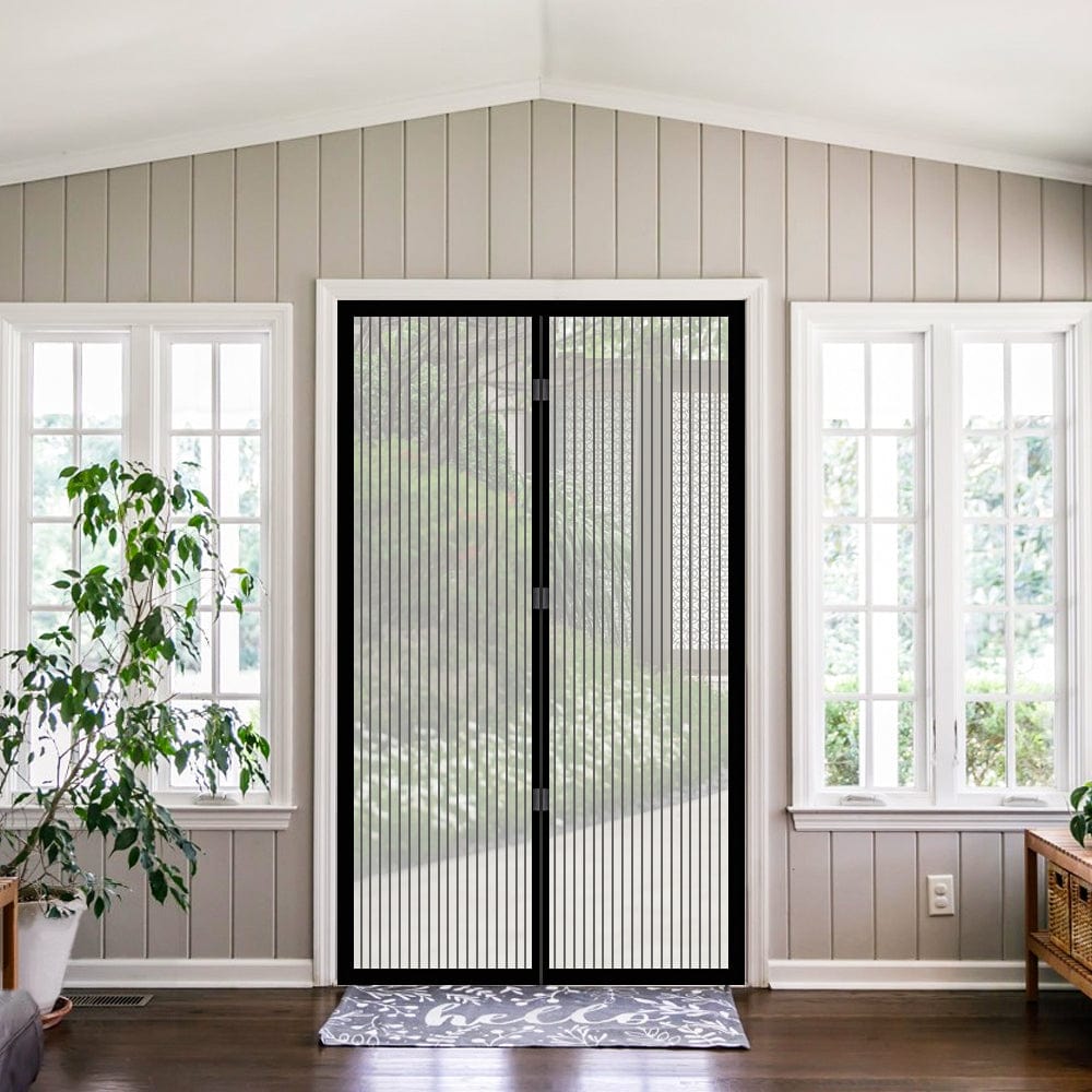 Instant fly screen curtain with black mesh panel and door-style frame