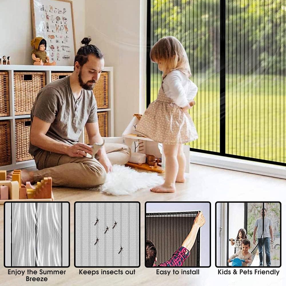 Vertical black-mesh fly screen curtain panel with a clear doorway opening