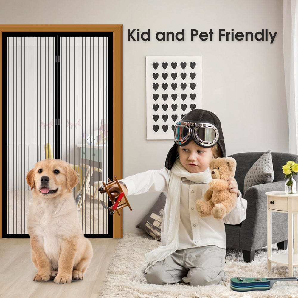Fly screen door curtain with black frame and vertical mesh panels