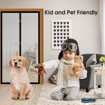 Fly screen door curtain with black frame and vertical mesh panels
