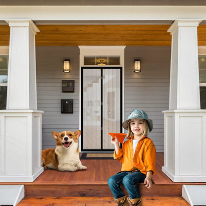 Fly screen door curtain with black-framed vertical mesh at the entry