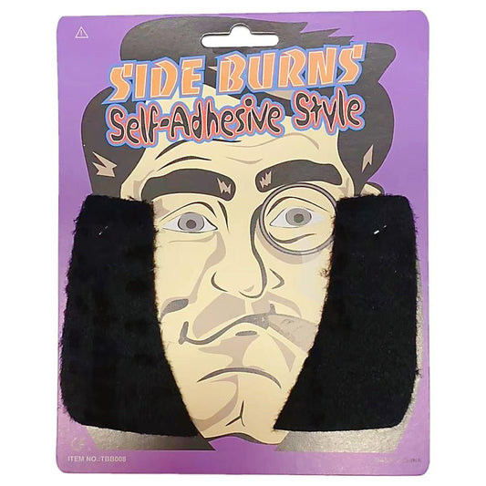 Self-adhesive black sideburns and mustache set on card