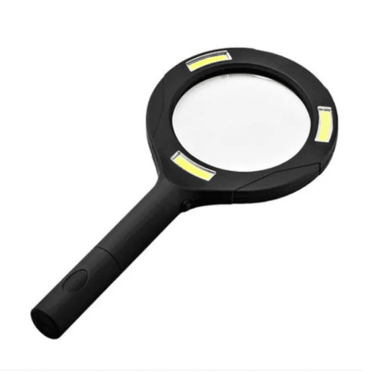 LED magnifying glass with black handle and round lens, LED light strips around the rim