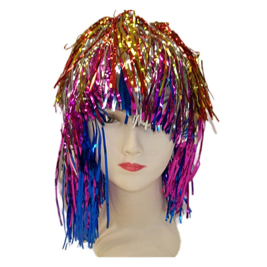 Multi-color tinsel wig with long fringe strands and straight-cut bangs, on mannequin head
