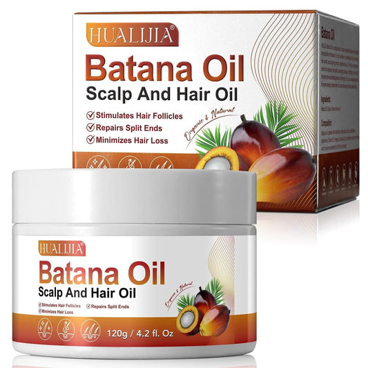 Batana oil scalp and hair oil jar with white cap and matching carton box.